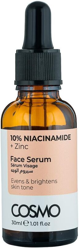 Cosmo 10% Niacinamide + Zinc Evens & Brightens Skin Tone Face Serum 30ml, For Men & Women, Skins Care, Blemishes Prone Skin, Dryness, Textural Irregularities, Dullness, All Skin Types